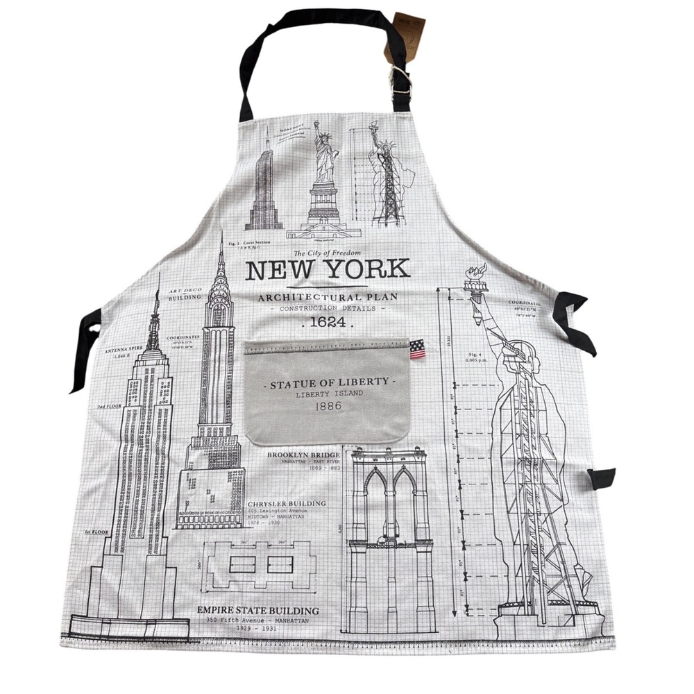 Kitchen Chic New York Architectural Plan Apron NYC Blueprint Canvas White Black